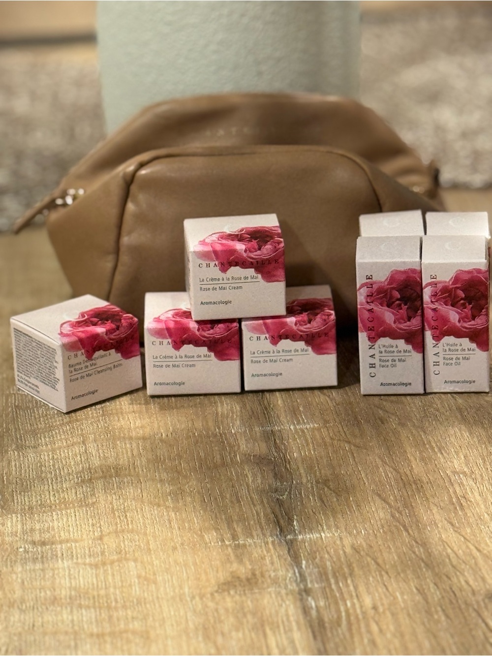 Chantecaille Rose De Mai 8pc skincare set plus pouch